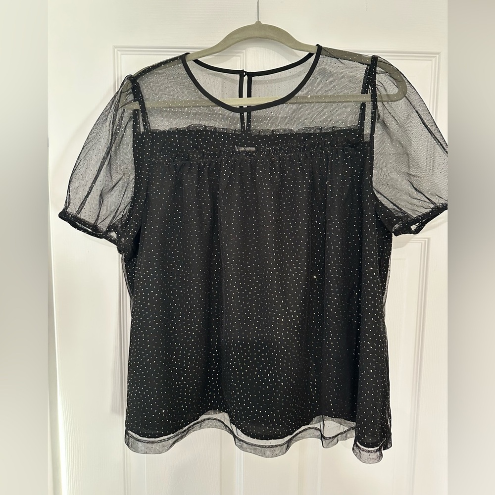 J. Crew Black Sheer Blouse with White Dots